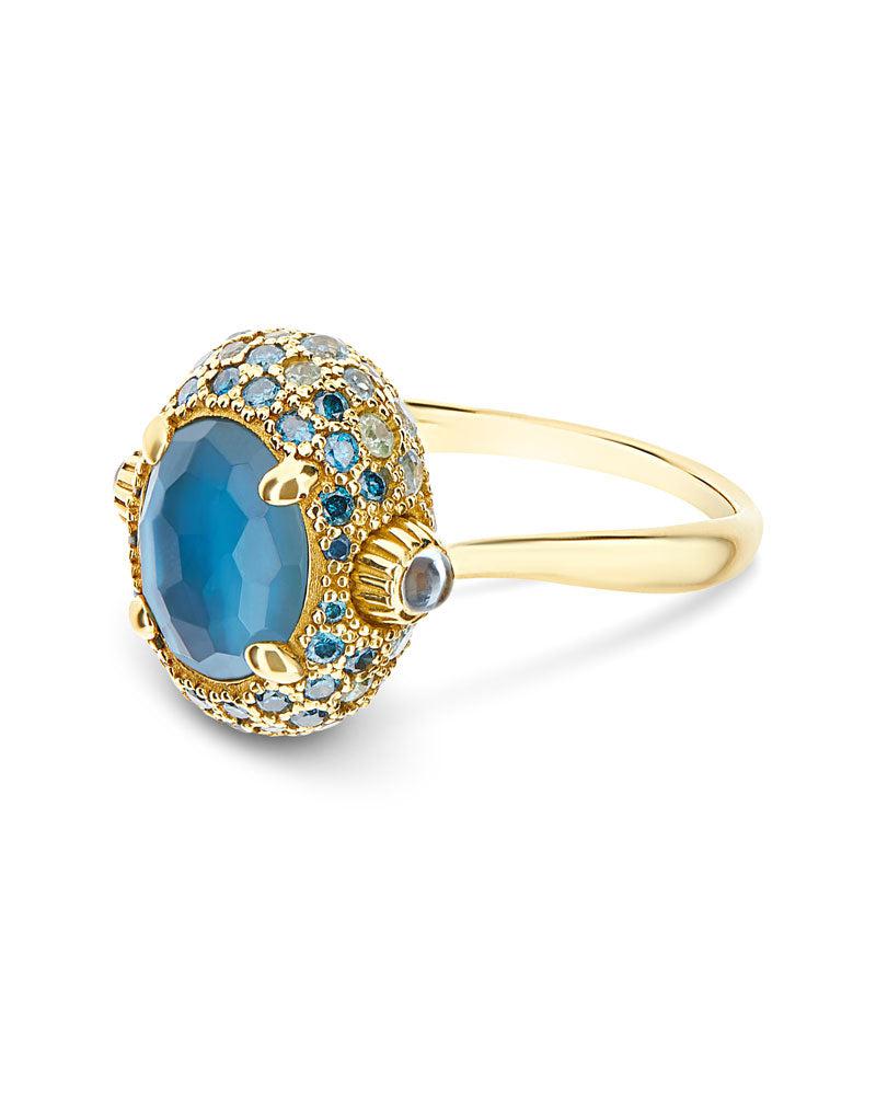 "Reverse" goud, blauwe diamanten, zwitserse blauwe topaas, groene saffieren en londense blauwe topaas dubbelzijdige ring (medium)